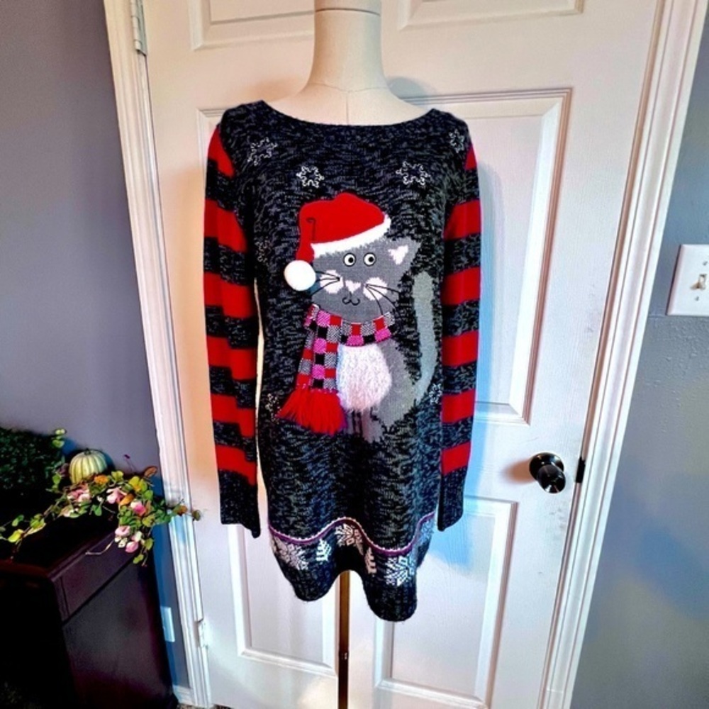 No‎ Boundaries Santa Hat Kitty Christmas Tunic Length Sweater Size 11/13 Large
